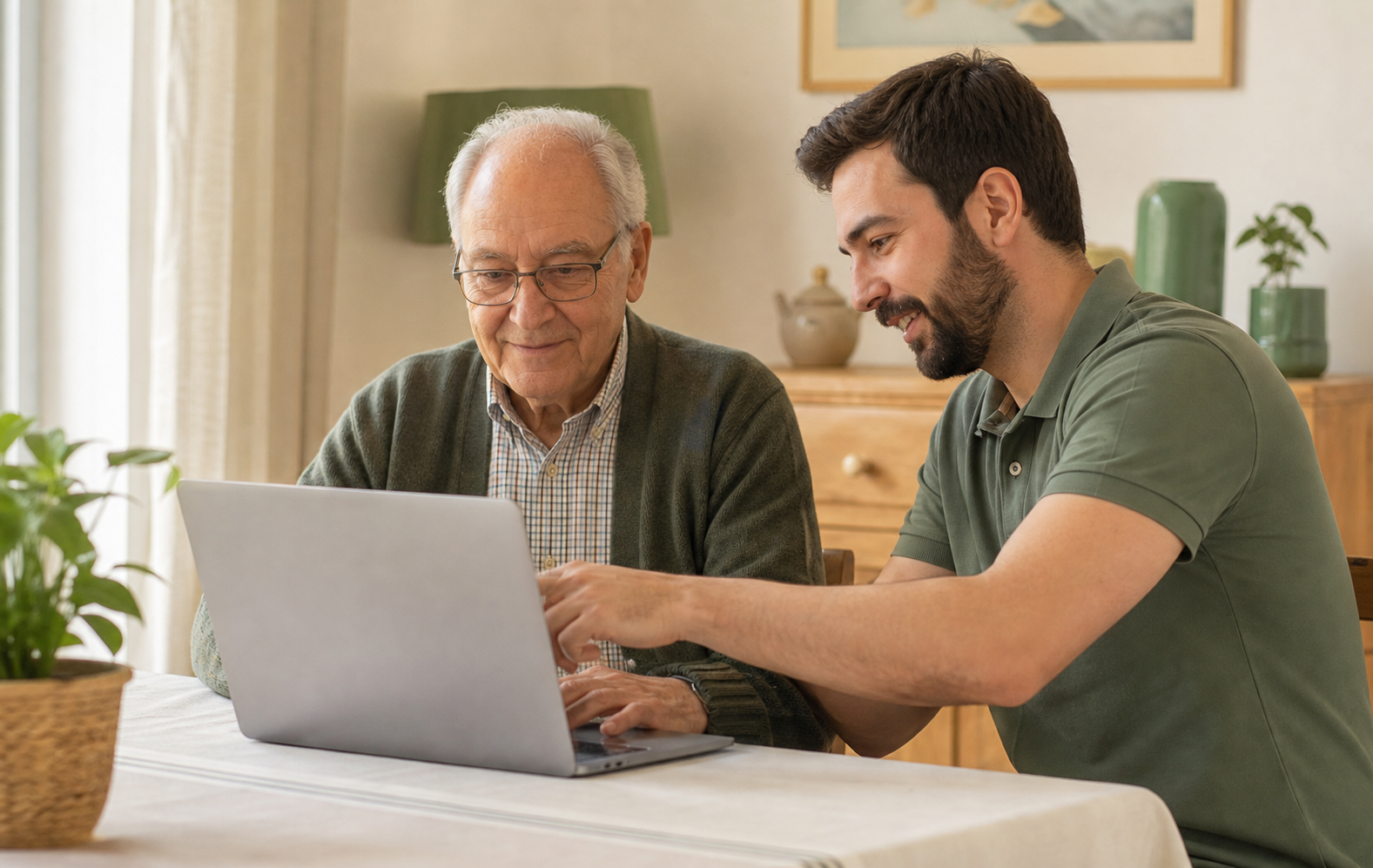 Home Sénior a receber ajuda com um computador portátil em casa